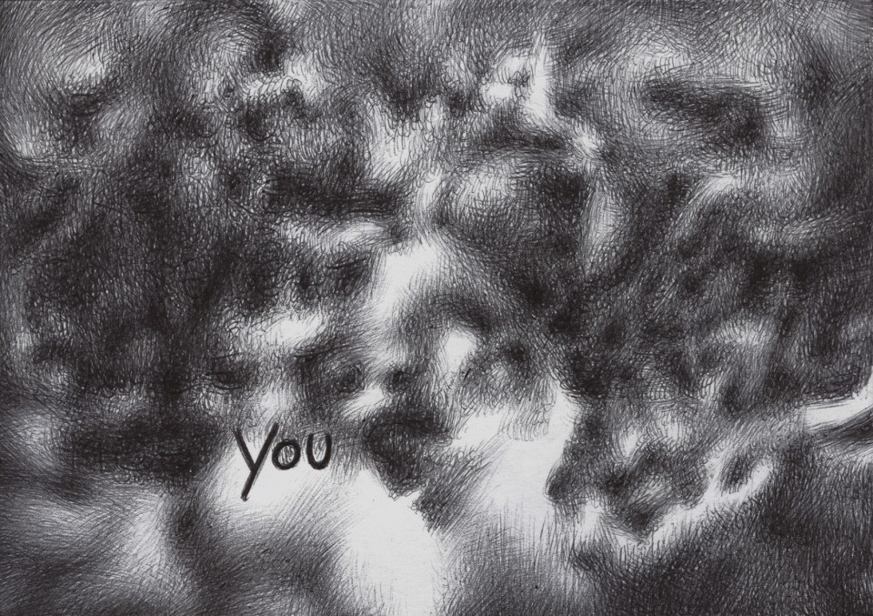disegno astratto a penna biro con la scritto "you" in basso a sinistra