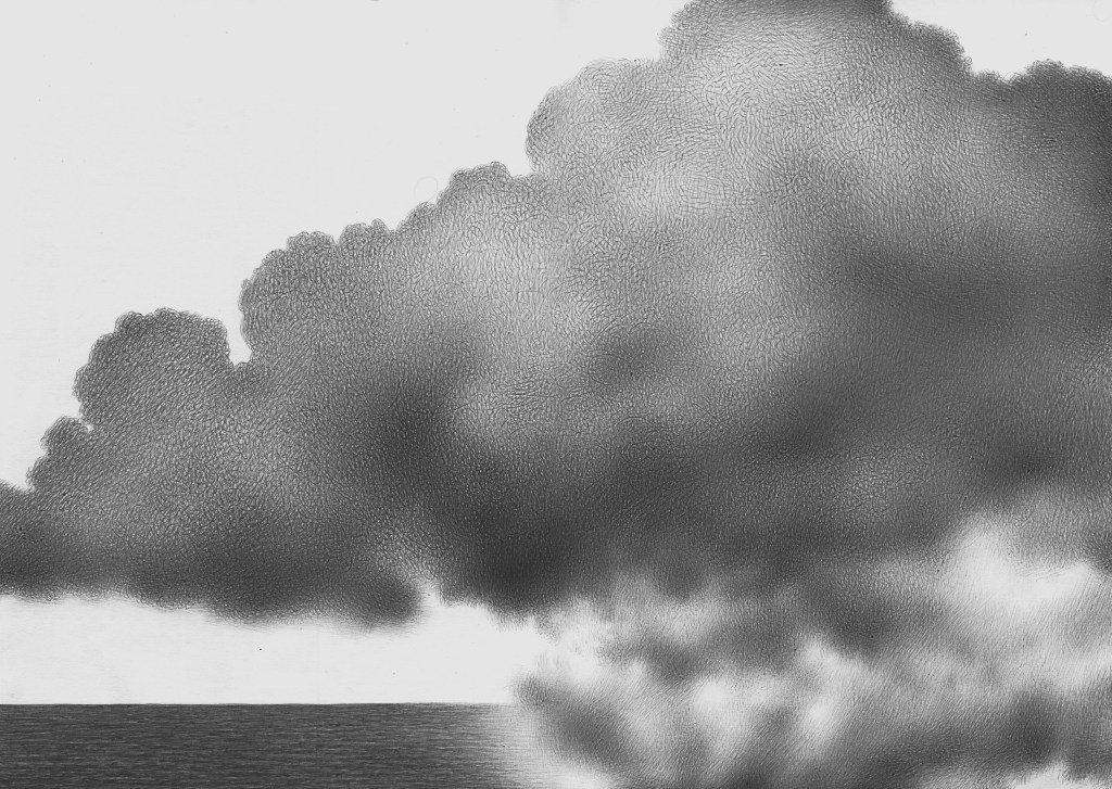 The Sweeping Cloud, a ballpoint pen drawing show a big cloud that rise from the sea. The sea is in the bottom left of the sheet. In the bottom right of the sheet the cloud rise, and occupy the space beetwen the viewer and the sea