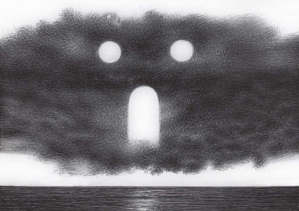 Una grande nuvola con delle parti bianche al centro rappresentate da due cerchi bianchi cime due occhi e una porta in mezzo in basso che da la sensazione di una bocca spalancata ins egno di spavento o di urlo, sopra una striscia di mare calmo