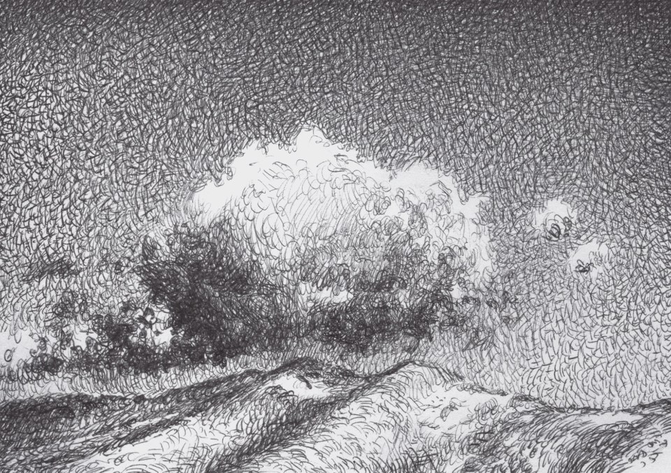 Colline sopra Genova con Nuvole basse. Penna Biro su cartoncino