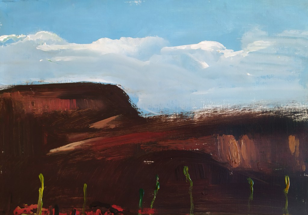 Nature series number 29
A Landscape made in Acrilyc on canvas paper. Represent a brown dark hill in a sky wth light clouds