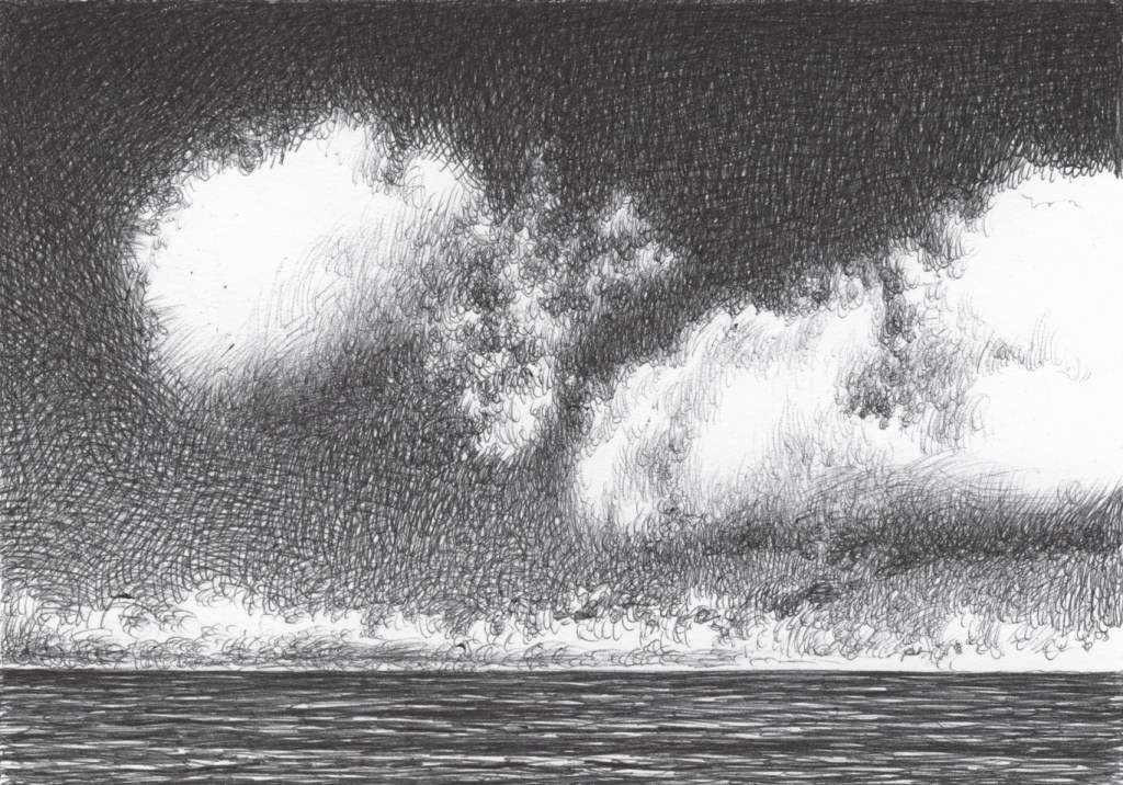 Two big cloud on the sky view from the waterfront.