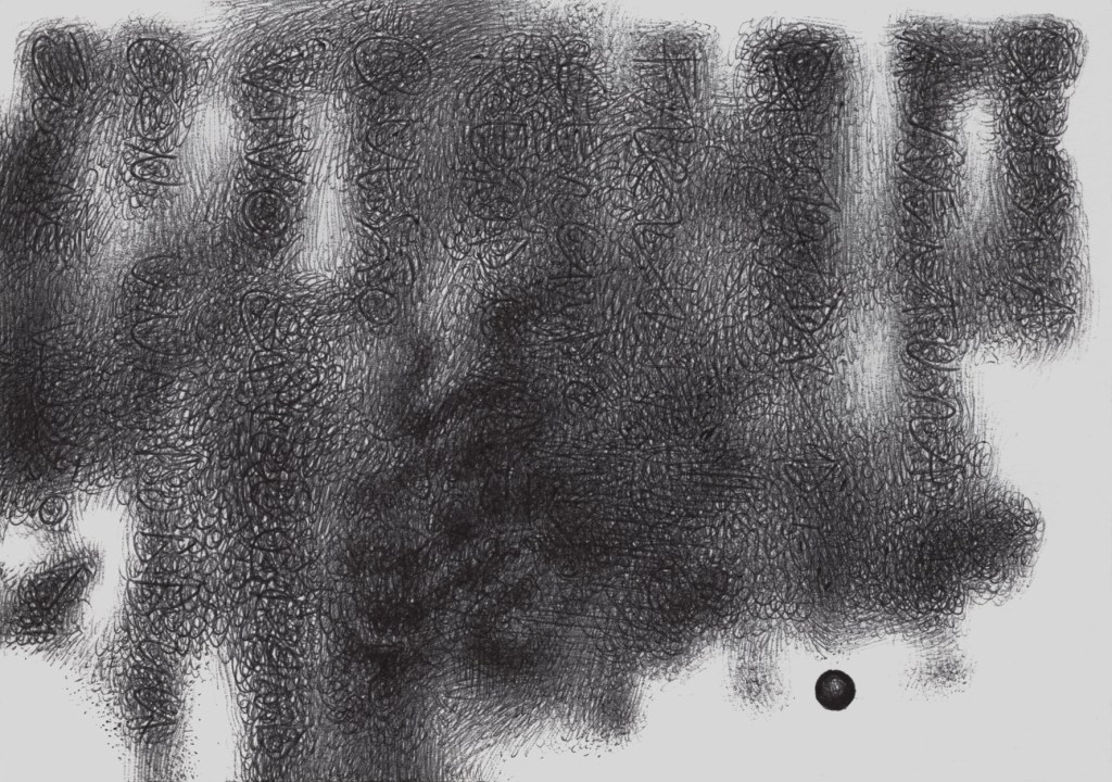 Abstract drowing with a cross hatching that can represent a web o a nest not focused and in right low a little black ball completely in focus