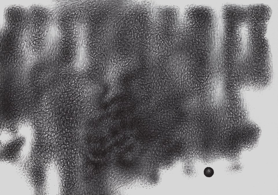 Abstract drowing with a cross hatching that can represent a web o a nest not focused and in right low a little black ball completely in focus