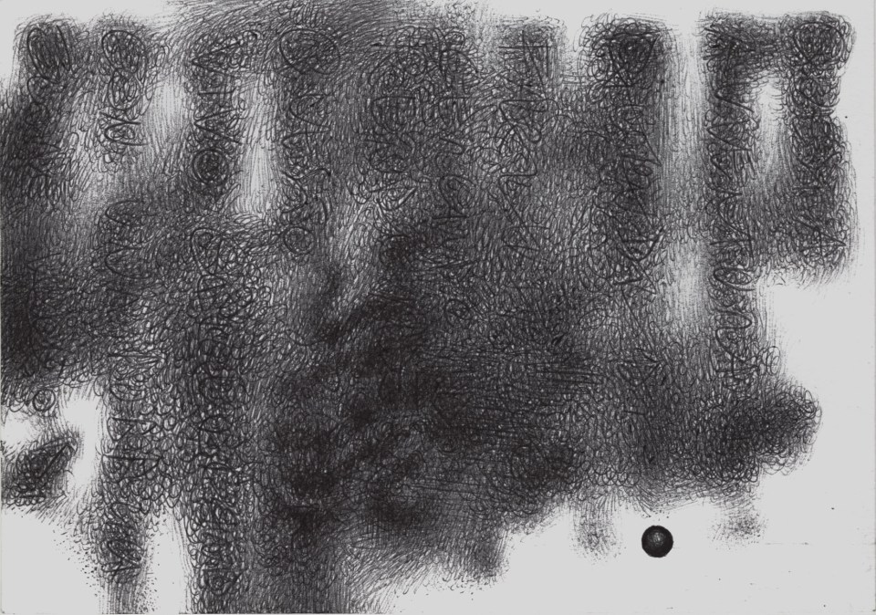 Abstract drowing with a cross hatching that can represent a web o a nest not focused and in right low a little black ball completely in focus