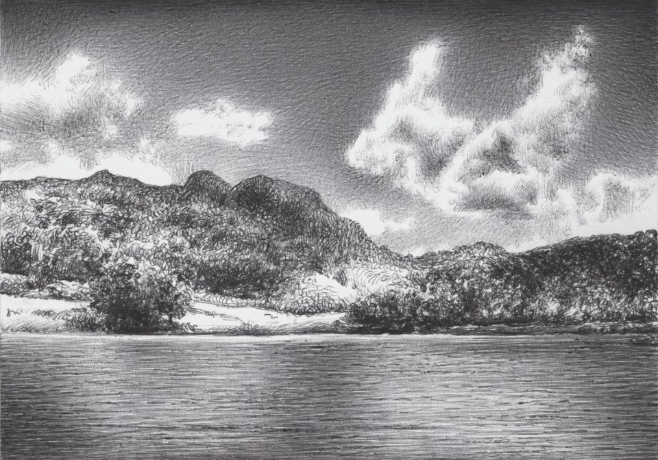 from the lake view of the lakefront Ballpoint pen on cardboard 14,8 x 10,5 cm, June 2021