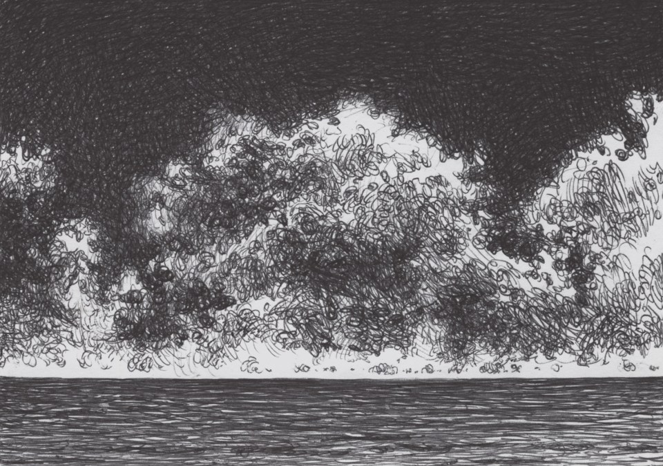 Seafront. Clouds at the horizon. Ballpoint Pen on Cardboard, 14,8 x 10,5 cm, June 2021