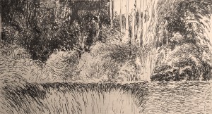 a sketch for a drawing series with view of the countryside. In this in front at the left you can see a piy at the edge of the series of bush and trees made in speed sketch where the signs are the only principal actor of the composition