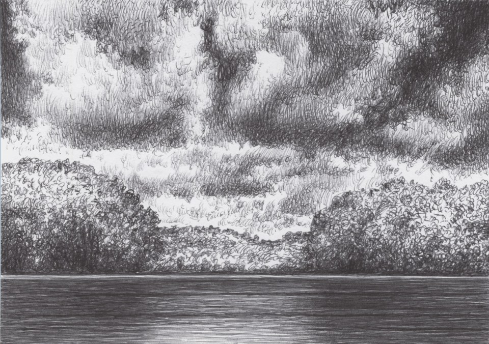 Lake view with cloud and trees. Ballpoint Pen on cardboard black and white 14,8 x 10,5 cm.