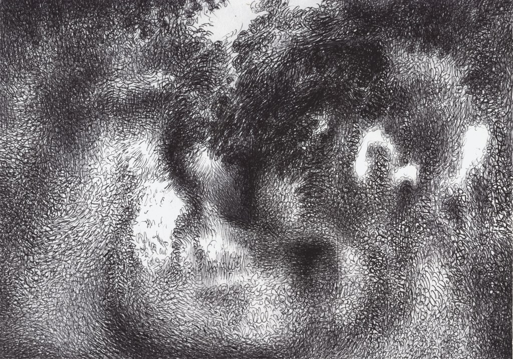 ballpoint pen Cross-Hatching a path in the middle of the forest