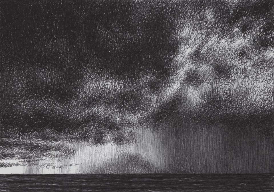 Raining Heavily. view from the beach to the sea horizons. Ballpoint pen on cardboard, 14,8 x 10,5 cm.