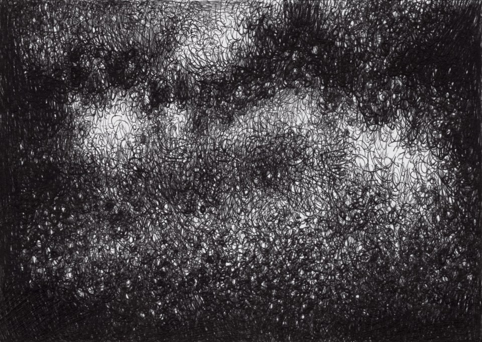 ballpoint pen cross-hatching represent a cloud that explode in many point in the dark