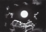 The full moon in the center of the drawing and his light over the few clouds around it
