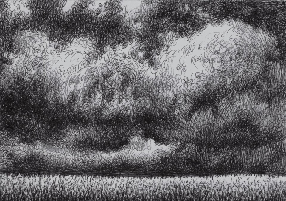 Clods that menace the storm over the cornfield